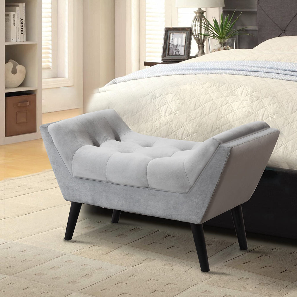 Upholstered Tufted Small Cute Bench Ottoman Foyer Bathroom Vanity Bedroom (One Seater, Velvet Grey)