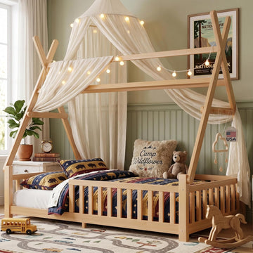 Teepee Floor Bed for Kids, Twin Size Tent Beds with LED Light & Hanging Rack, Detachable Montessori Floor Bed