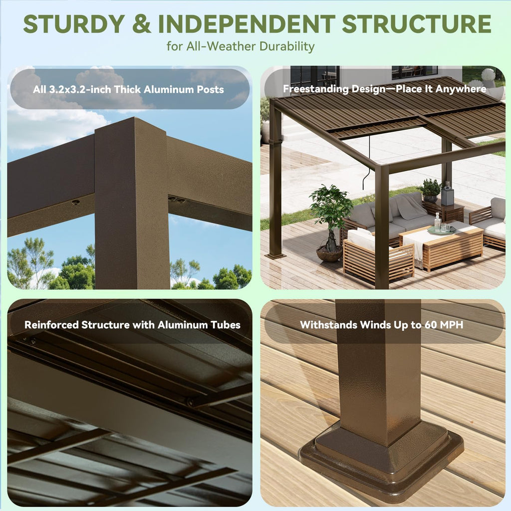 10x13 Pergola with Adjustable Galvanized Steel Roofs, All Aluminum Frame Permanent Pergola for Patio