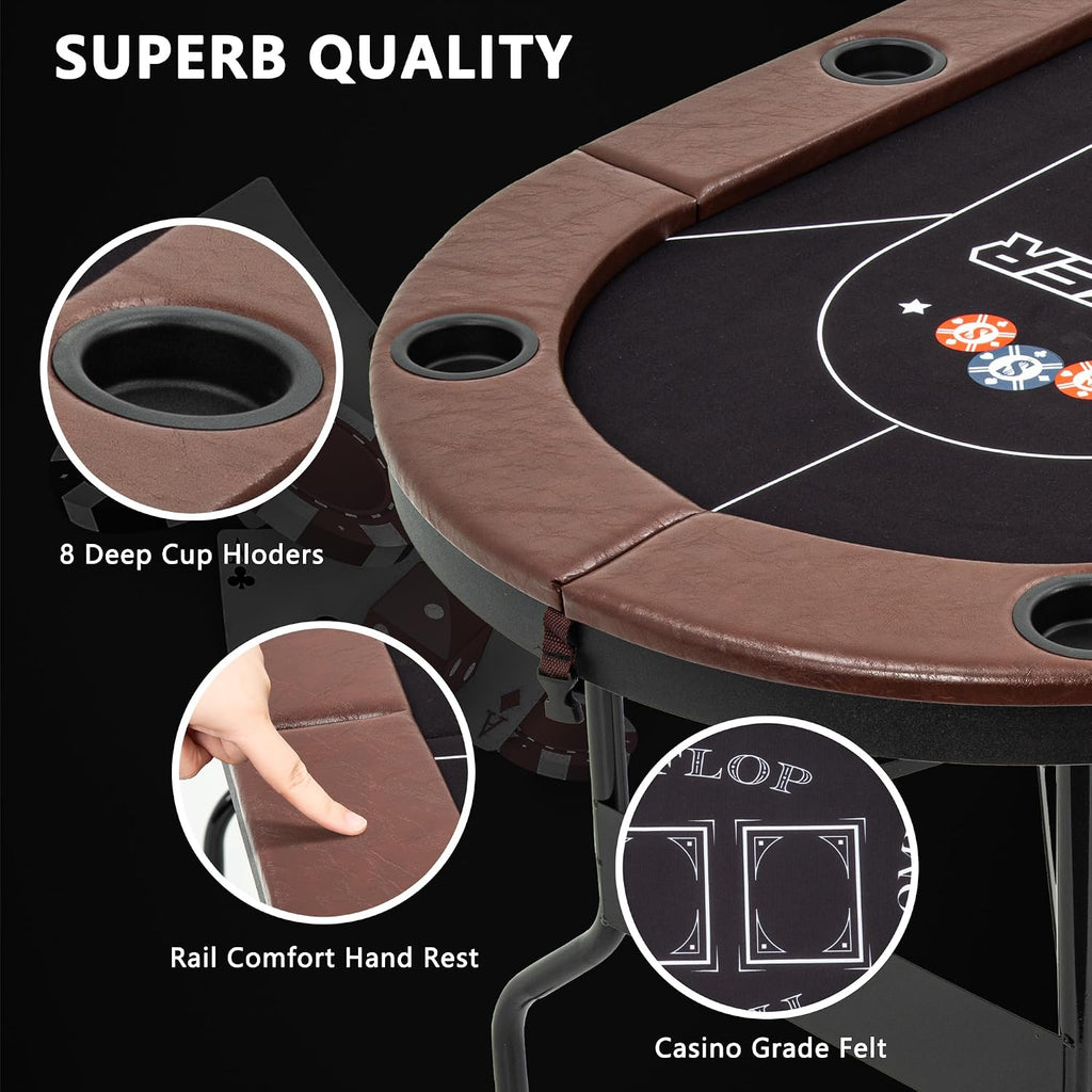 8 Player Folding Poker Tables, Texas Holdem Table with Padded Rails & Cup Holders, Foldable Casino Poker Table, Oval