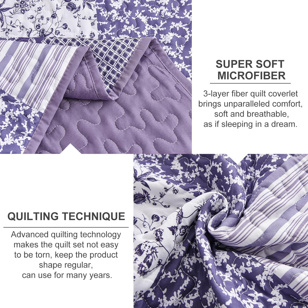 Quilt Set Queen,3 Pieces Boho Floral Plaid Bedspread Coverlet Set for All Season,Patchwork Reversible Bedding Set