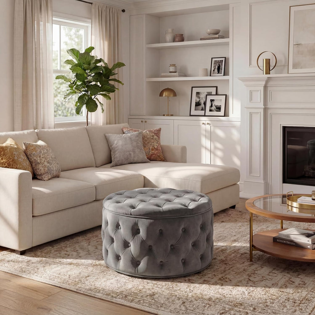 28 Inch Round Storage Ottoman, Velvet Button Tufted Ottoman, Removable Lid Coffee Table, Upholstered Hidden Storage