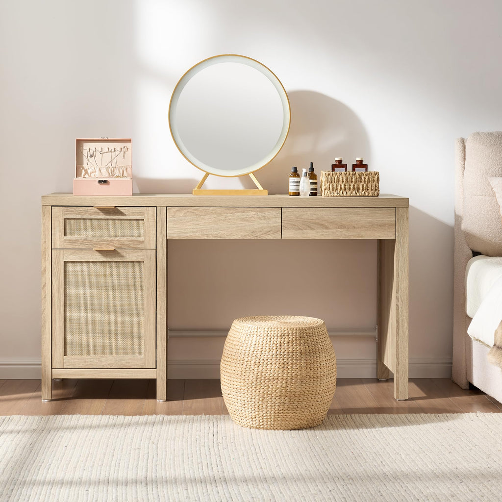 55" Rattan Desk with 3 Drawers - Wood Office Computer Desk with Storage Modern Boho Home Office Desks with Side