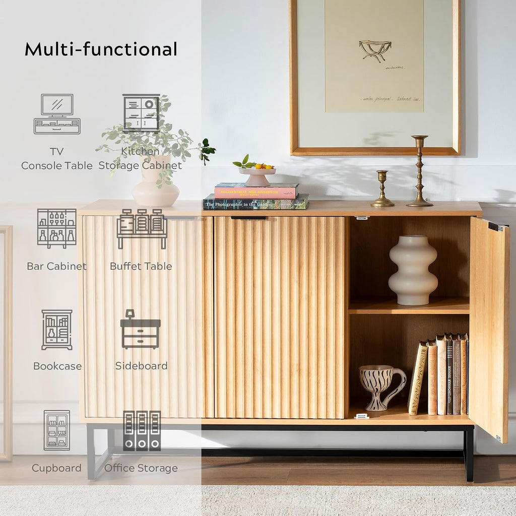Fluted Storage Cabinet with 3 Doors, Sideboard Buffet Cabinets, Modern Accent Cabinets with Adjustable Shelves