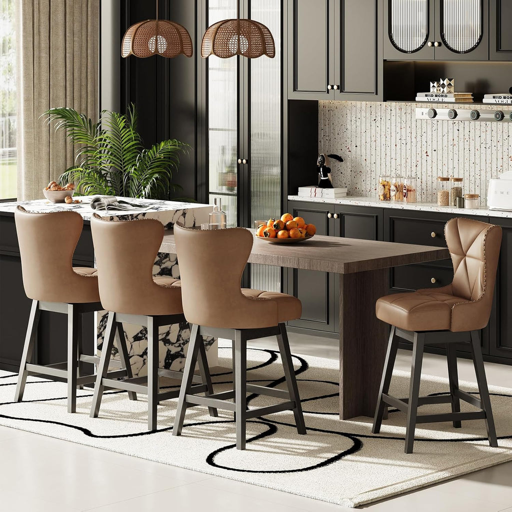 Swivel Counter Height Bar Stools Set of 4, Tall Faux Leather Barstools, Modern Bar Chairs with Solid Back and Wood