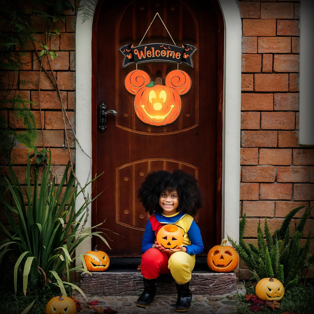 Halloween Mouse Pumpkin Wreath with Light for Porch Door Sign Decorations