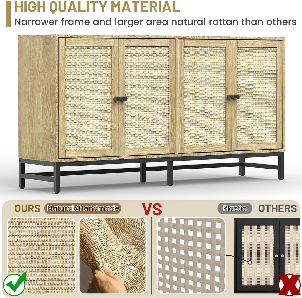 Rattan Sideboard Buffet Cabinet, Natural Storage Credenza Accent Cabinet with 4 Doors, 59" Large Mid Century Modern
