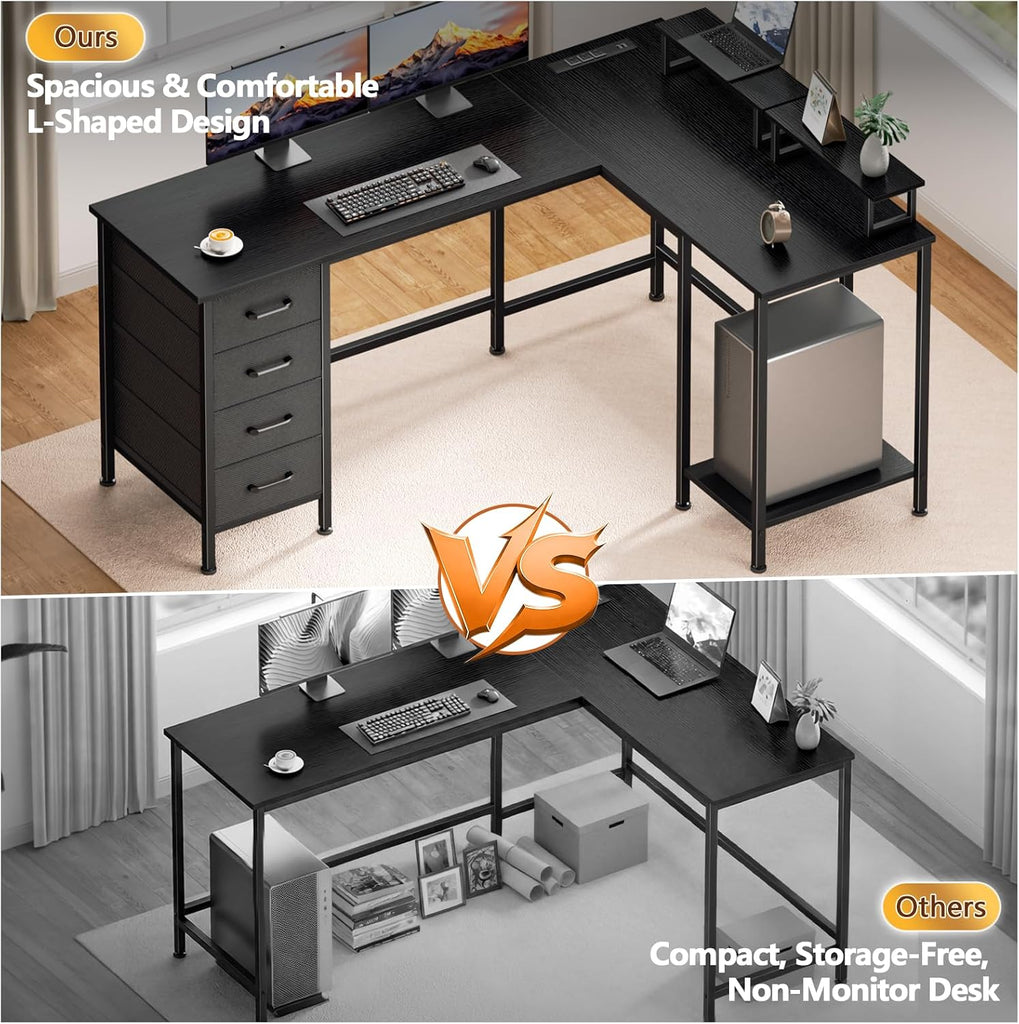 59 inch L Shaped Computer Desk with Power Outlets, Black | Ideal , Corner, 4 Adjustable Storage Drawers, 2 Monitor