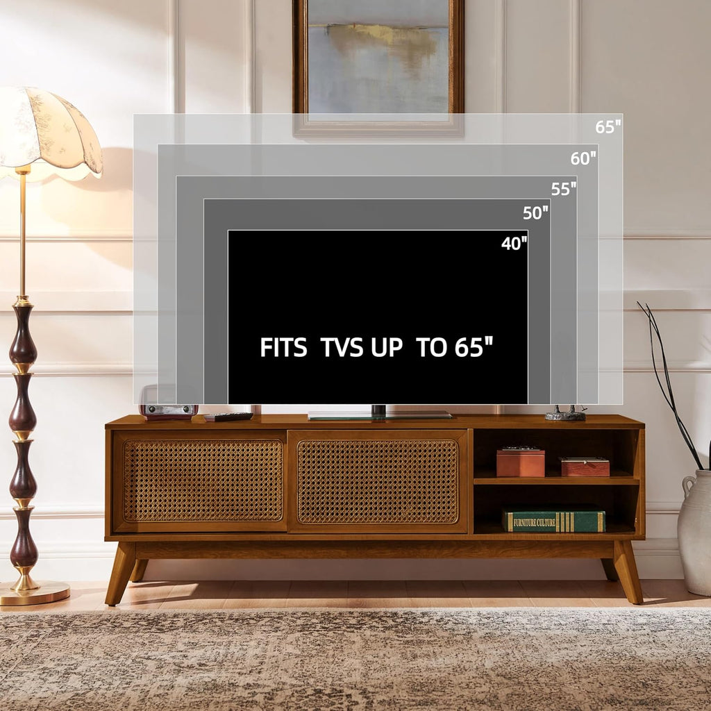 Mid Century Modern Rattan TV Stand for 65 Inch TV,59" Boho Media Console with Sliding Doors & Open Shelves,Solid Wood