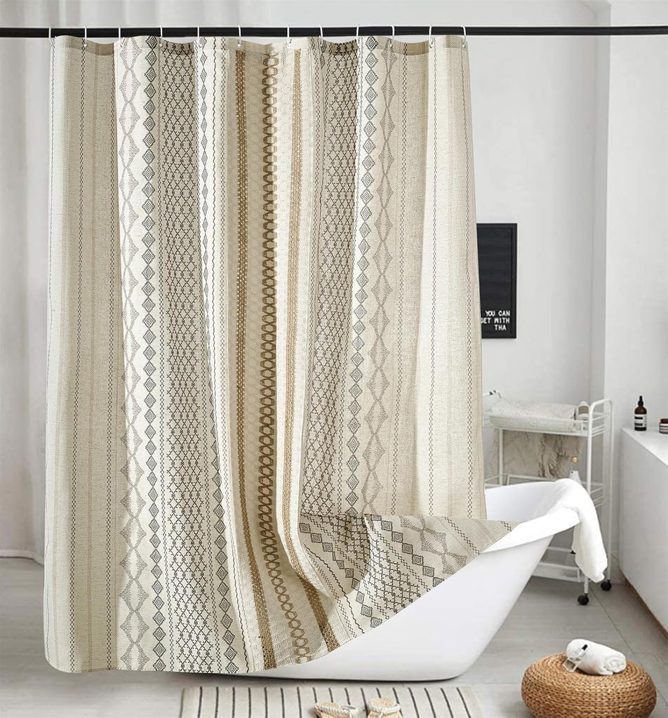 Modern Farmhouse Shower Curtain, Water Resistant Privacy Natural Linen Textured Fabric, Boho Vintage Tribal Geometry