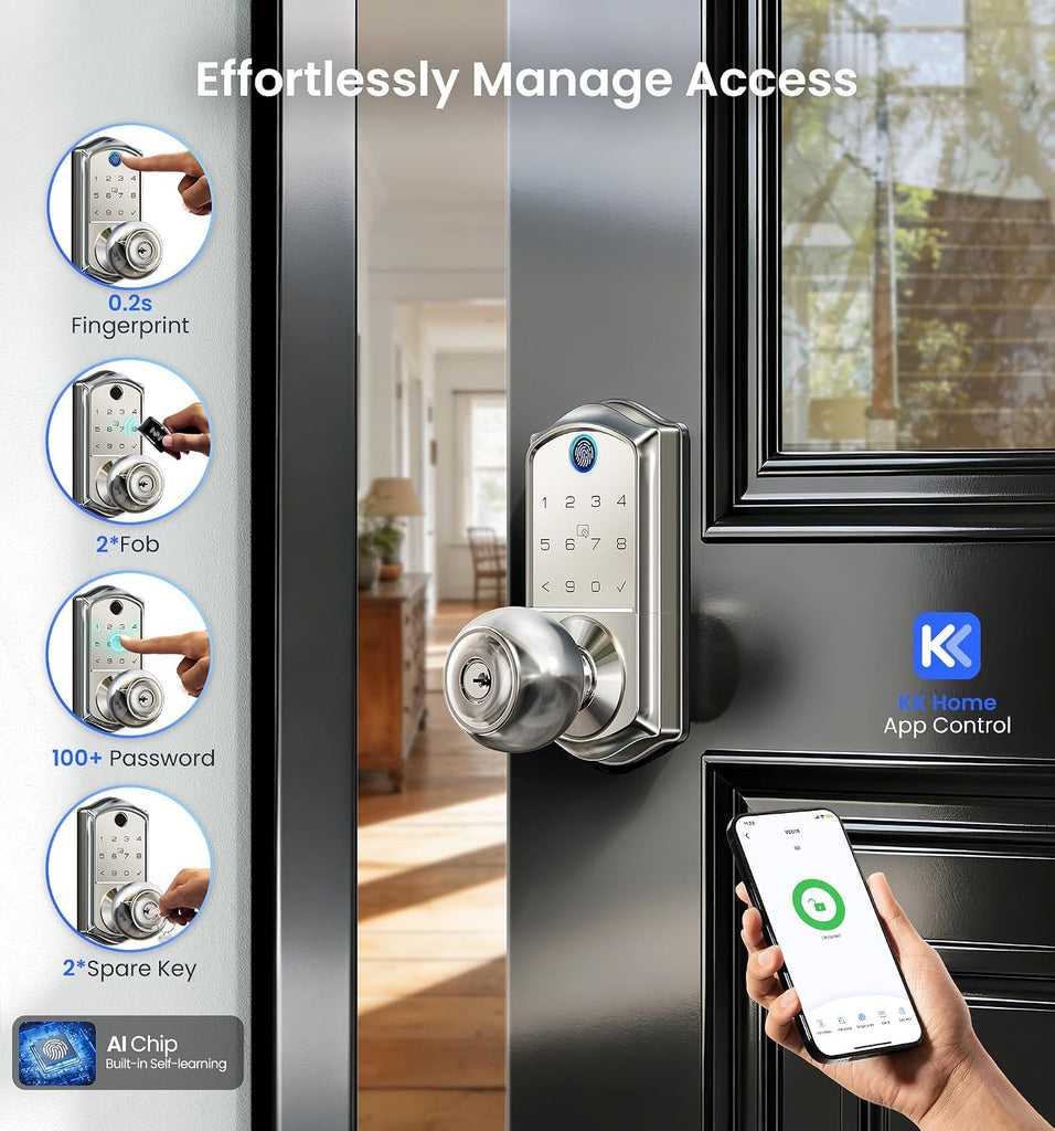 Fingerprint Keypad Smart Door Knob Handle Lock, Satin Nickel