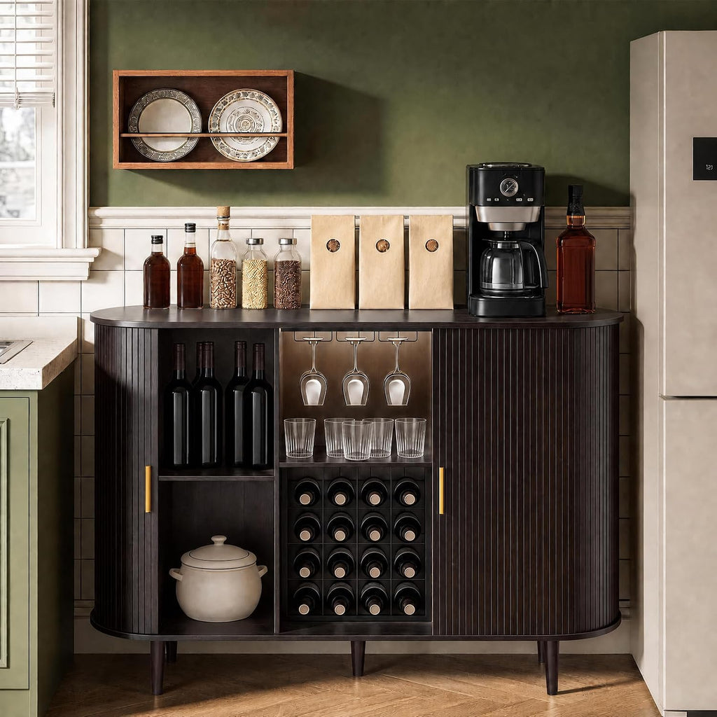 55" Wine Bar Cabinet with Storage, Fluted Liquor & Coffee Bar Cabinet with Wine Rack and Glass Holder, Buffet