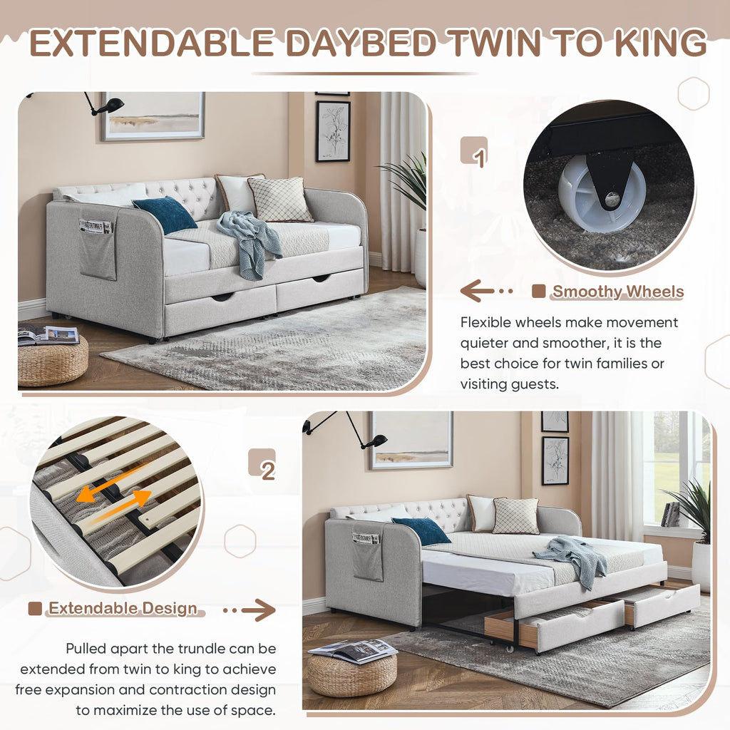 80.5" Daybed with Drawer, Modern Button Tufted Linen Day Bed with Trundle Bed Twin to King, Upholstered Daybed Frame