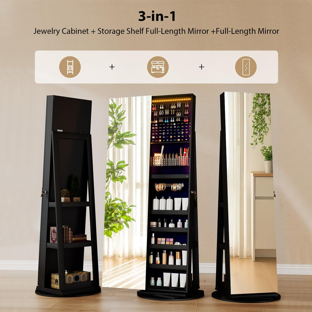 LED Jewelry Cabinet with Sliding Full Length Mirror, Black