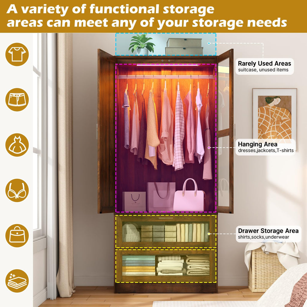 2Doors Armoire Wardrobe Closet with Sensor LED Light and Mirror