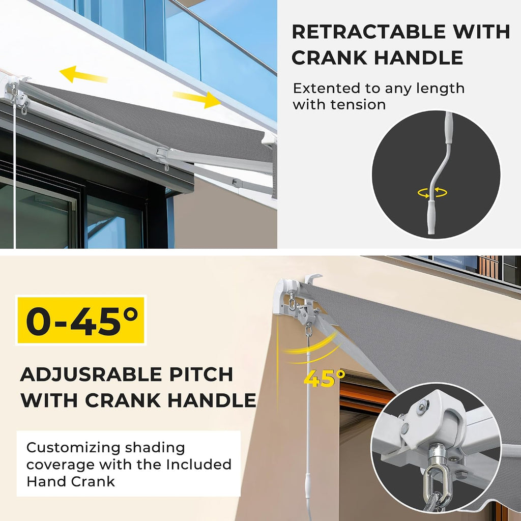 8.2'x6.5' Patio Awning Retractable Fully Assembled, Grey | Manual Sunshade Shelter Outdoor Deck Canopy Balcony Awning