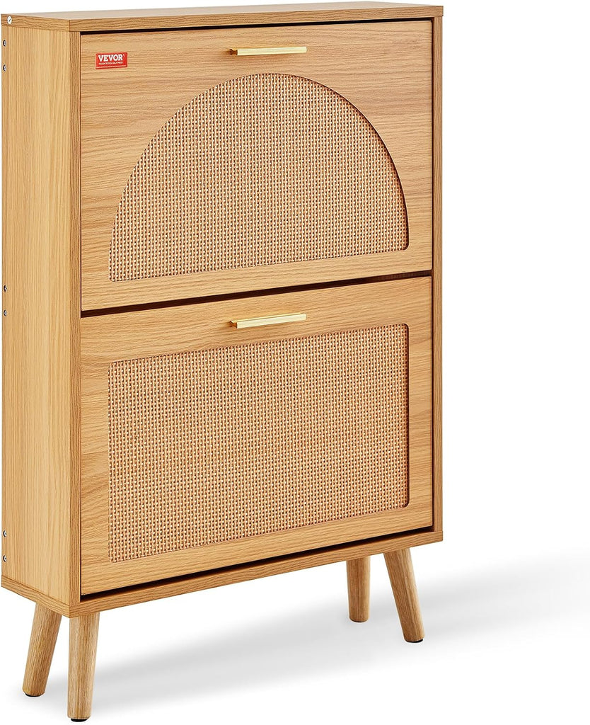 Shoe Cabinet with 2 Flip Drawers, Shoe Storage Cabinet , Free Standing Shoe Storage Organizer with Rattan Doors for