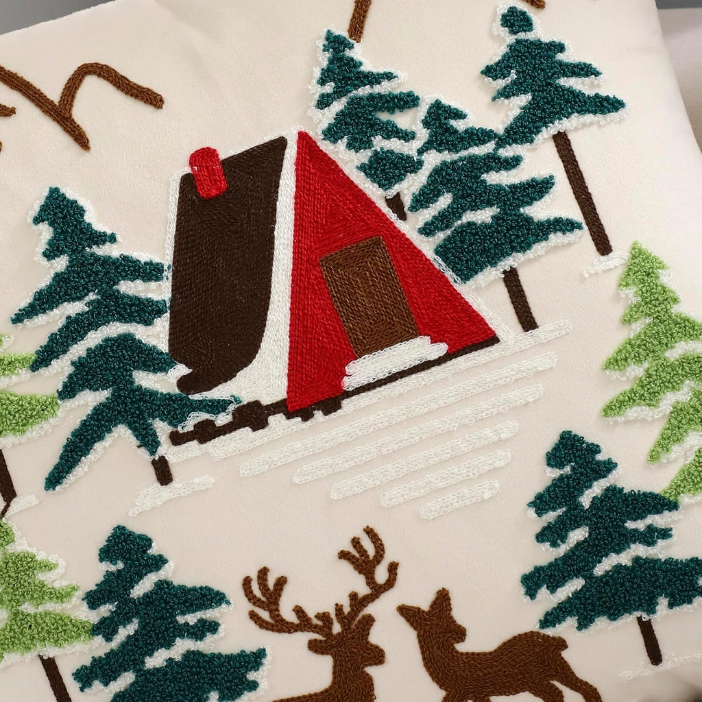 Christmas Pillow Covers 18x18 House and Deer Decorative Beige Pillow Cases Winter Holiday Velvet Embroidered - Set of 2