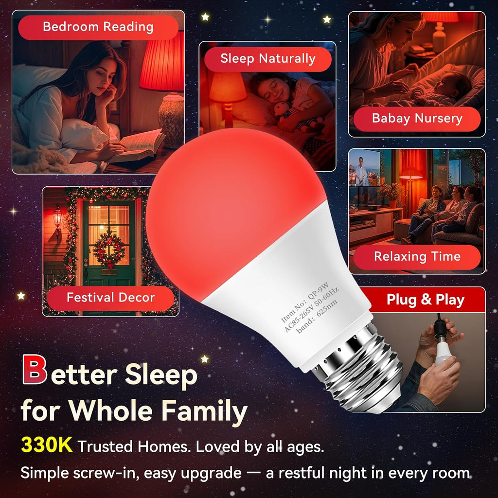 625nm Red Light Bulbs for Sleep, 100% Blue Light Blocking Bulb for Melatonin Promote, A19 LED 9W 60W Red Night Bulb