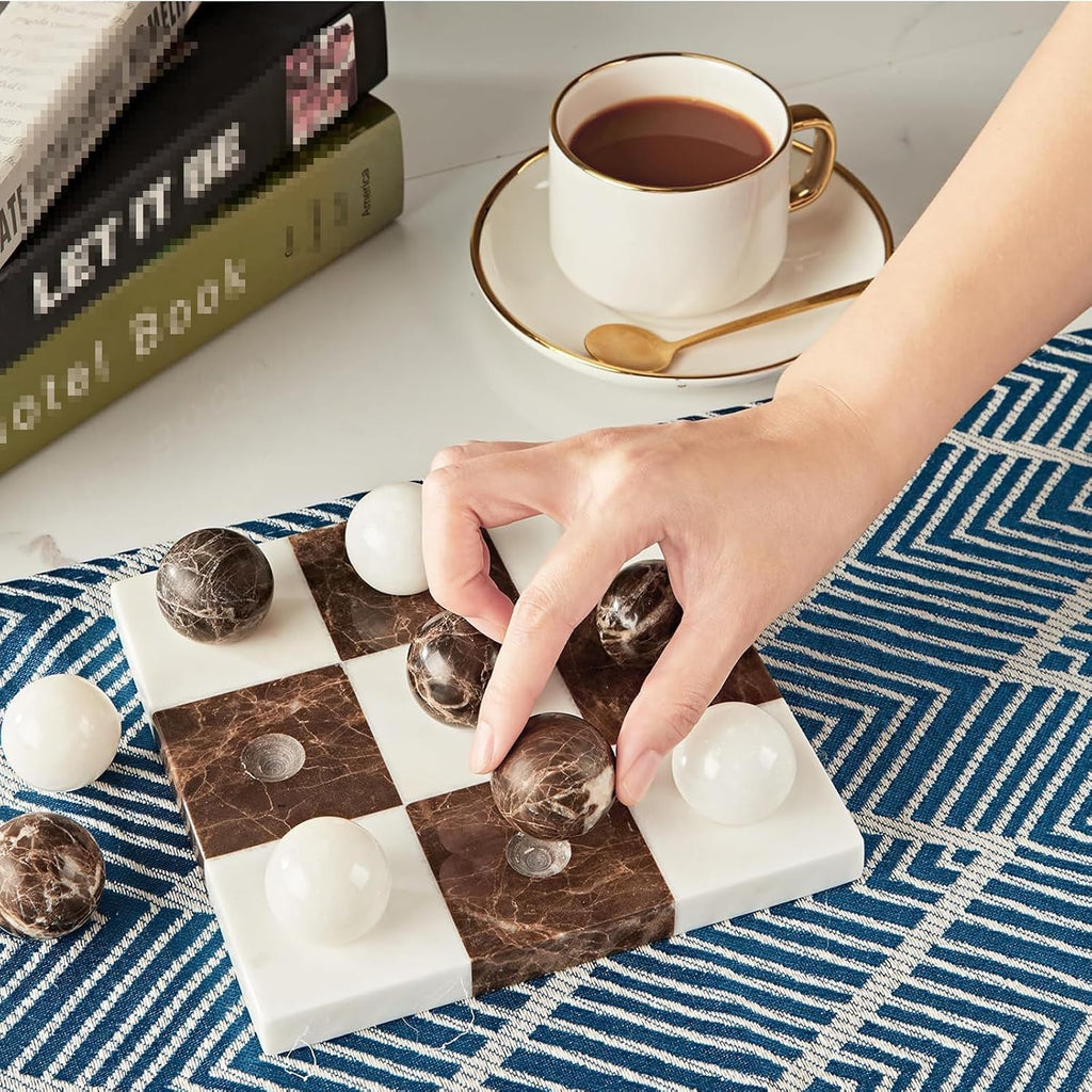 Marble Tic Tac Toe Game Set, Marble Board Game with 9 Spheres, Modern Handcrafted Coffee Table Decor & Family