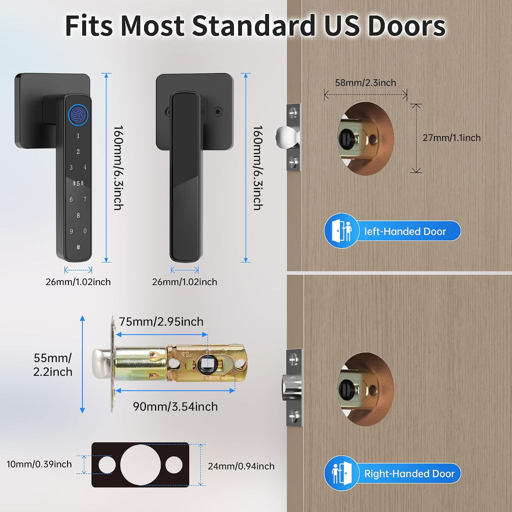 Fingerprint Door Lock-Smart Door knob, Biometric Door Lock, with App/Code/Backup Key/Fingerprint/IC Card, Keyless