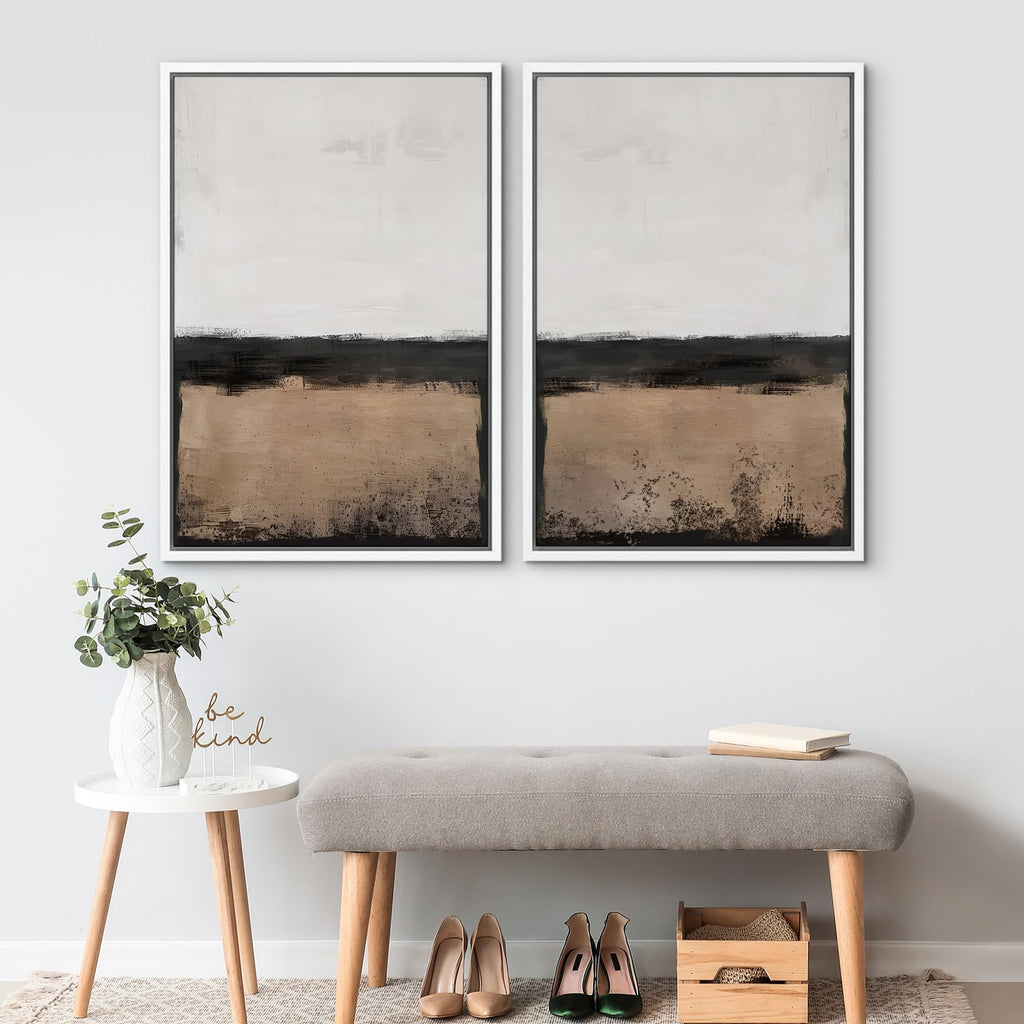 Framed Canvas Print Wall Art Abstract Landscape Neutral Tones with Horizon Line Illustrations Modern Art Decorative