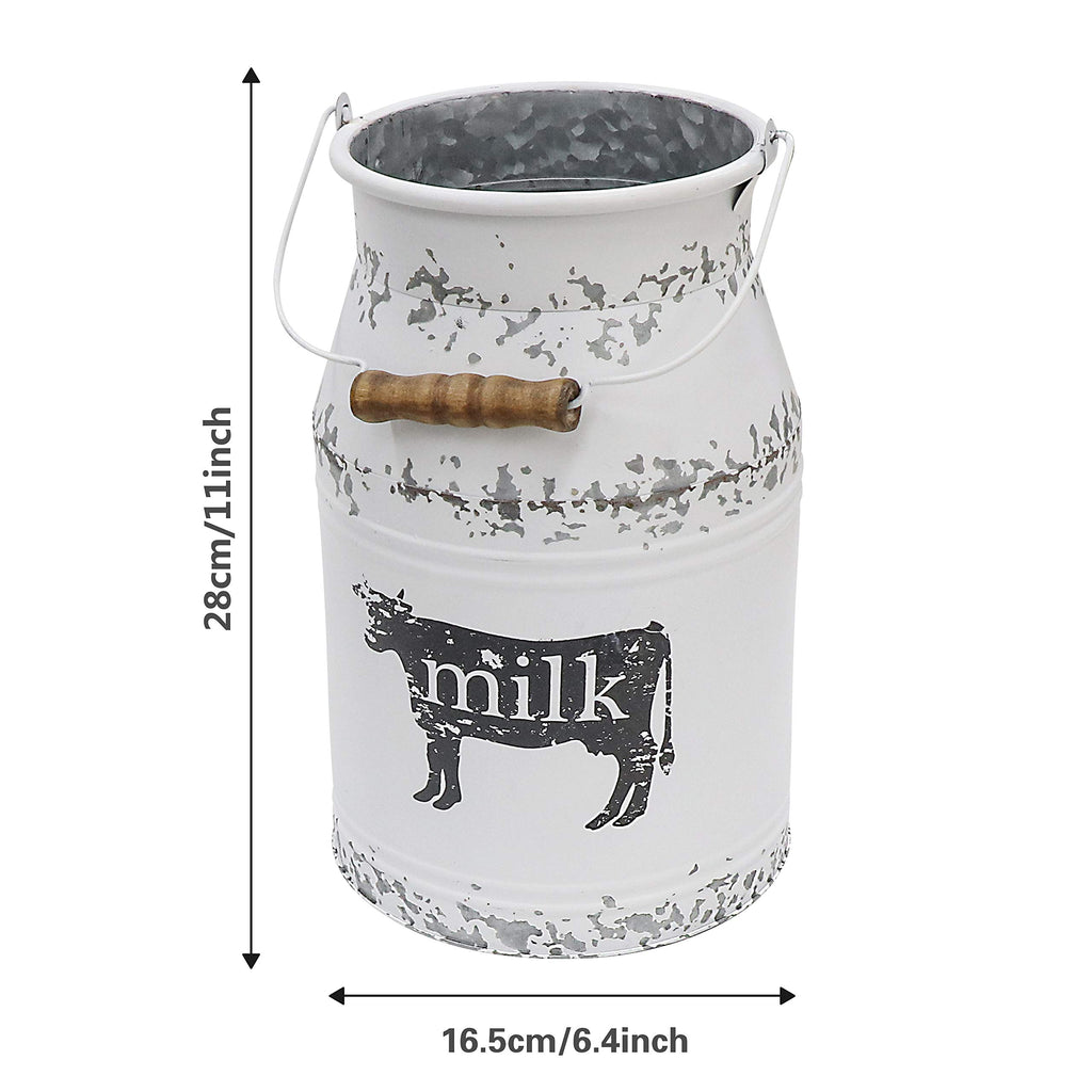 Metal Big Cow Galvanized Milk Can with Wooden Handle, Rustic White Farmhouse Vase Planter, Primitive Decorative