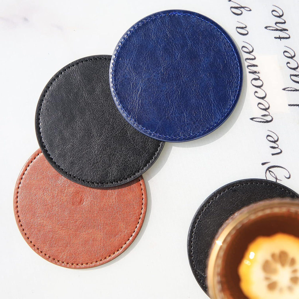 PU Leather Coaster with Holder, Durable and Non-Slip Coaster for Protection Tabletop, Wooden Table, Desk, Bar - Set of 8