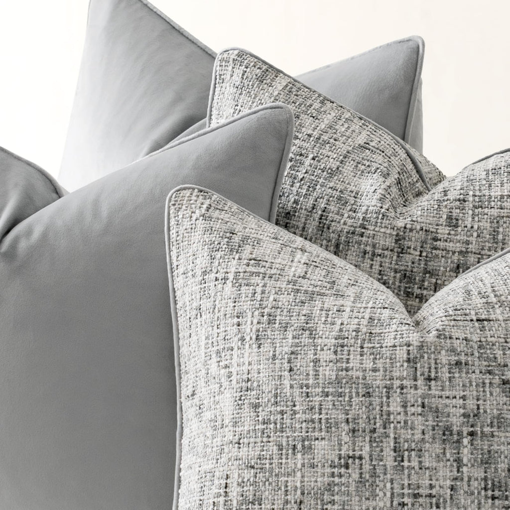 Grey 4 Pack Throw Pillow Covers - Chenille & Velvet Set with Piping, Farmhouse Textured Design Pillow Cases for Couch
