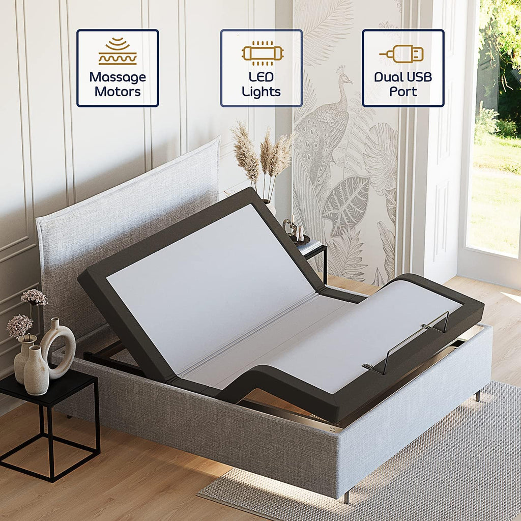 King Adjustable Bed Frame with Massage and Wireless Remote, Electric Base with Head and Foot Incline, Zero Gravity