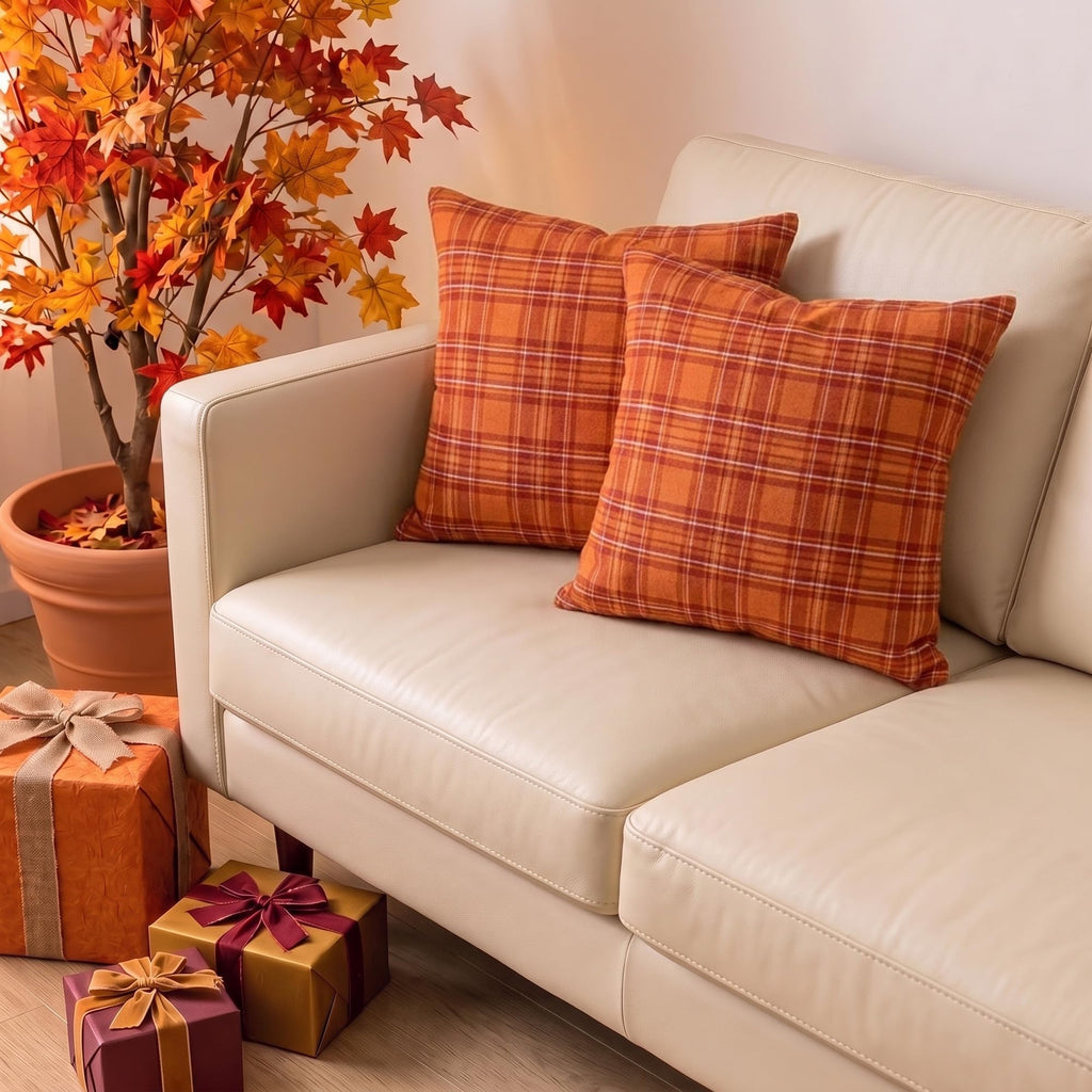 Burnt Orange Fall Plaid Euro Pillow Sham Covers 24x24, Large Pillow Covers