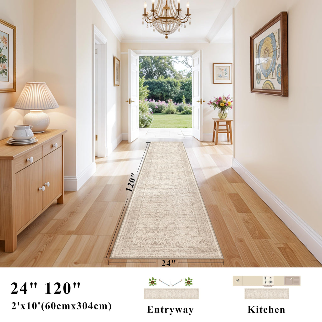 Washable Runner Rug Hallway, Ivory Taupe