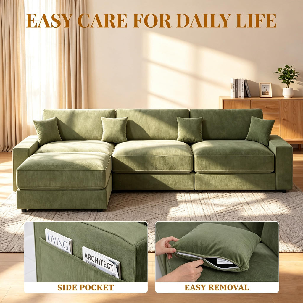 115" L-Shaped Modular Sectional Sofa, Oversized Deep Seat with Movable Ottoman, Chenille Upholstery, Side Pocket & 4
