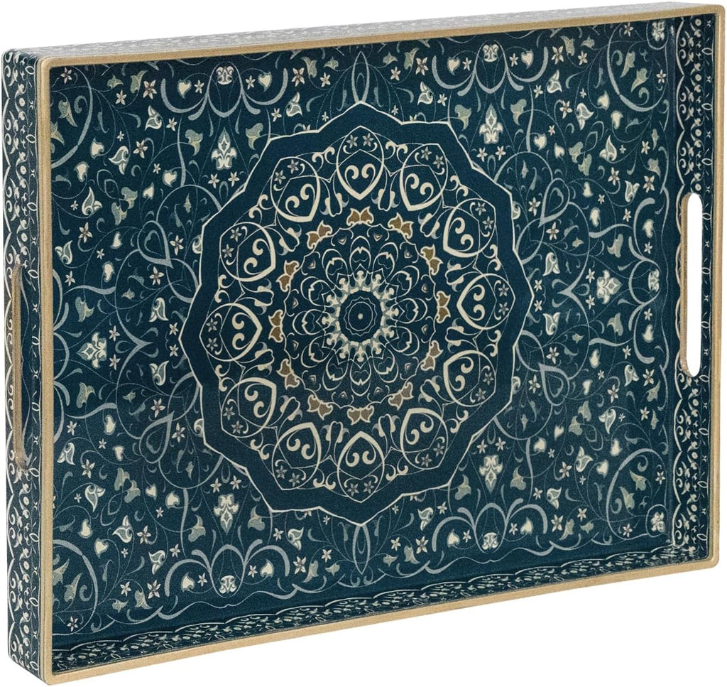 Serving Tray with Handles, Plastic Rectangular Tray for Coffee Table, Dark Blue Boho Decorative Trays for Ottoman