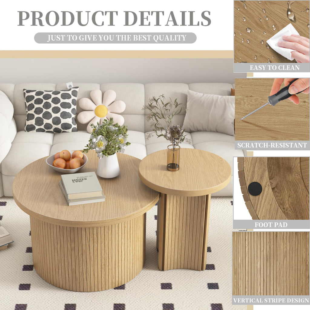 Farmhouse Set of 2 Nesting Coffee Tables, Round Coffee Set Saves Space