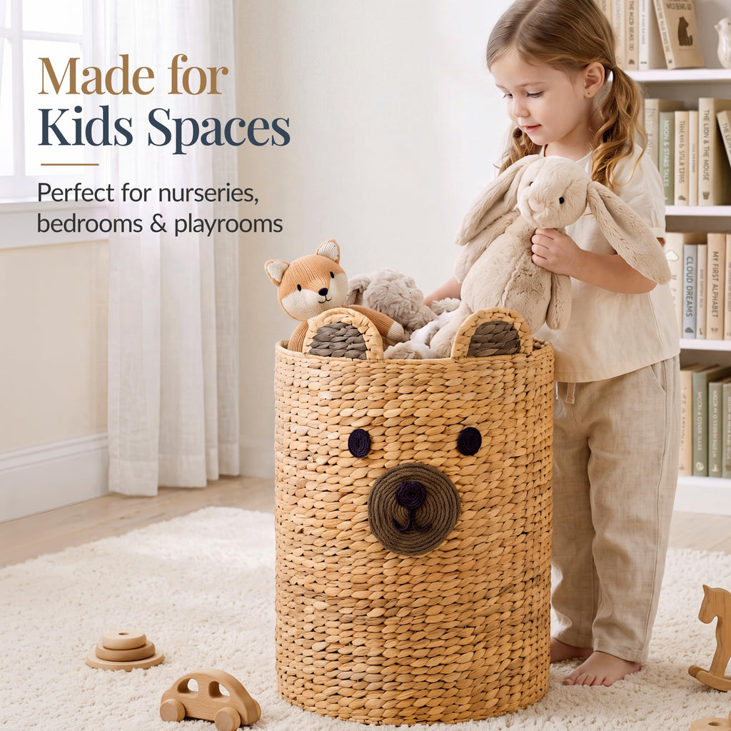 Kids Large Bear Laundry Hamper, Handwoven Water Hyacinth Laundry Basket, Nursery & Kids' Room Storage Basket For