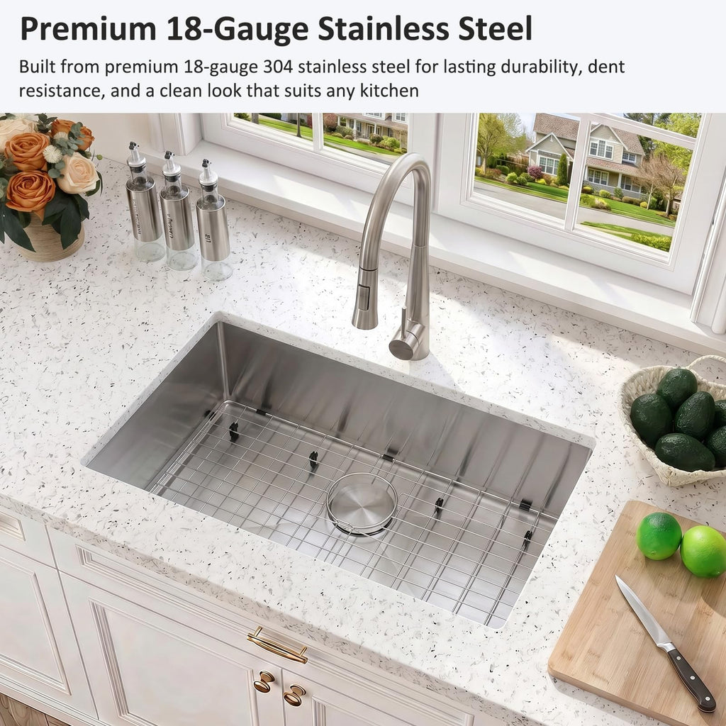 30 Inch Undermount Kitchen Sink, 30x18 Undermount Kitchen Sink, Single Bowl Undermount Sink, 18 Gauge 304 Stainless