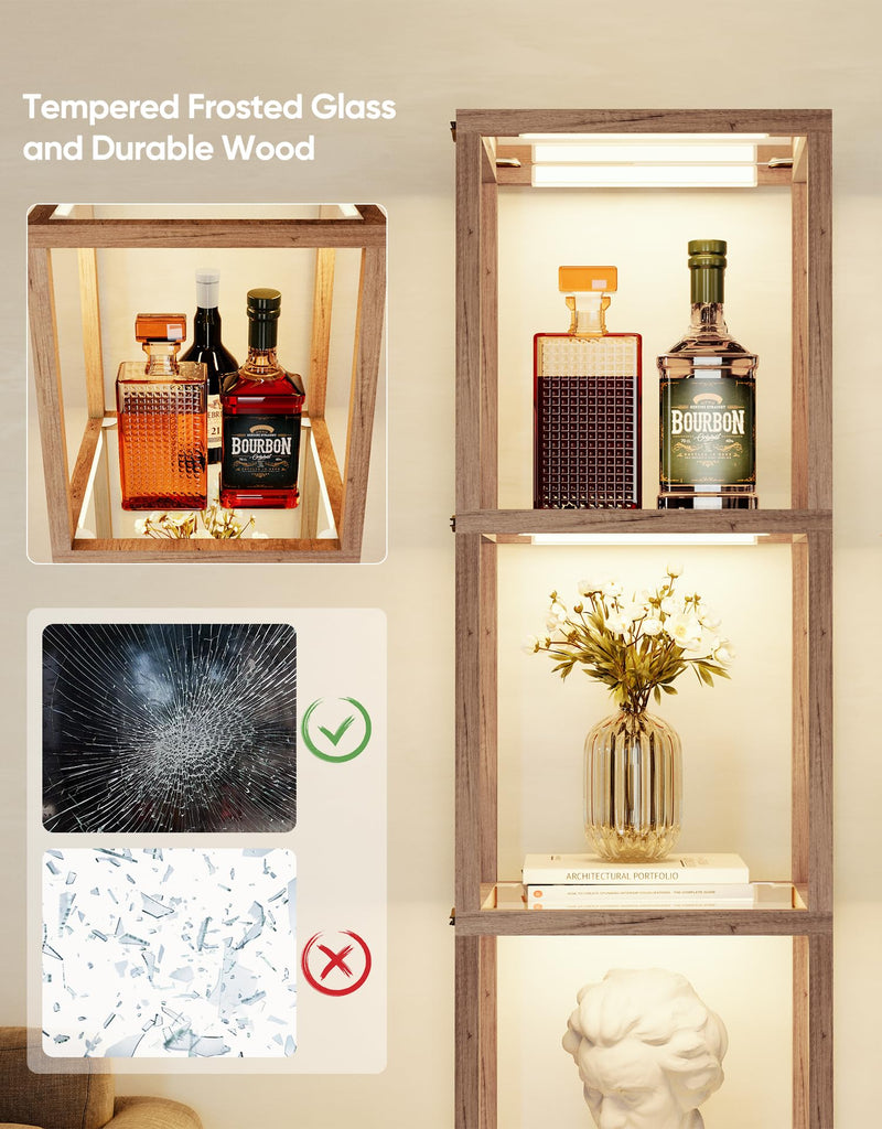 Floor Lamp Glass Display Shelf with Remote/APP Control, Dimmable LED Floor Lamp with Shelves, Open Display Cabinet