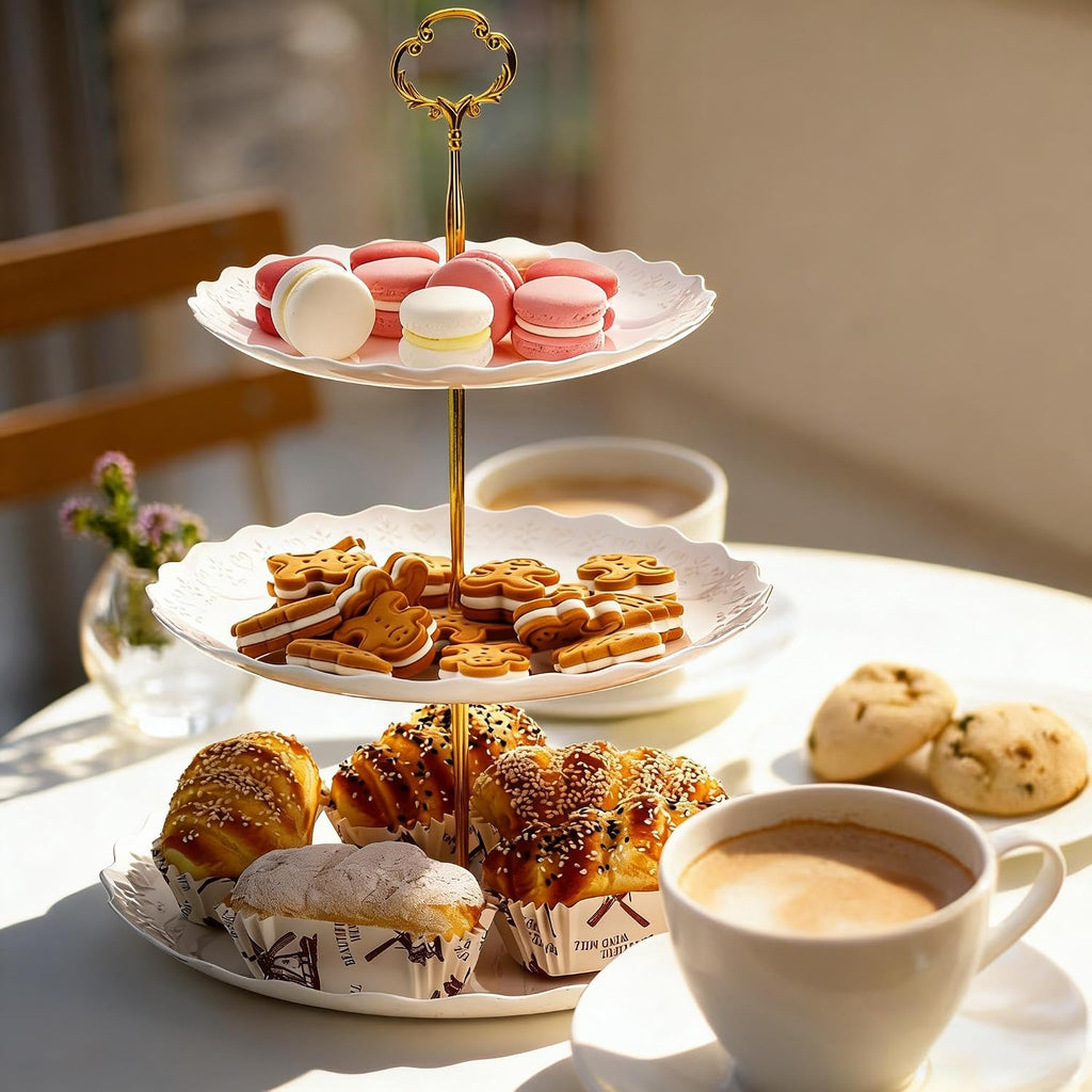 Tiers White Plastic Cupcake Stand Dessert Holder Tiered Serving Trays with 3 Styles Fittings, Party Serving - Set of 3