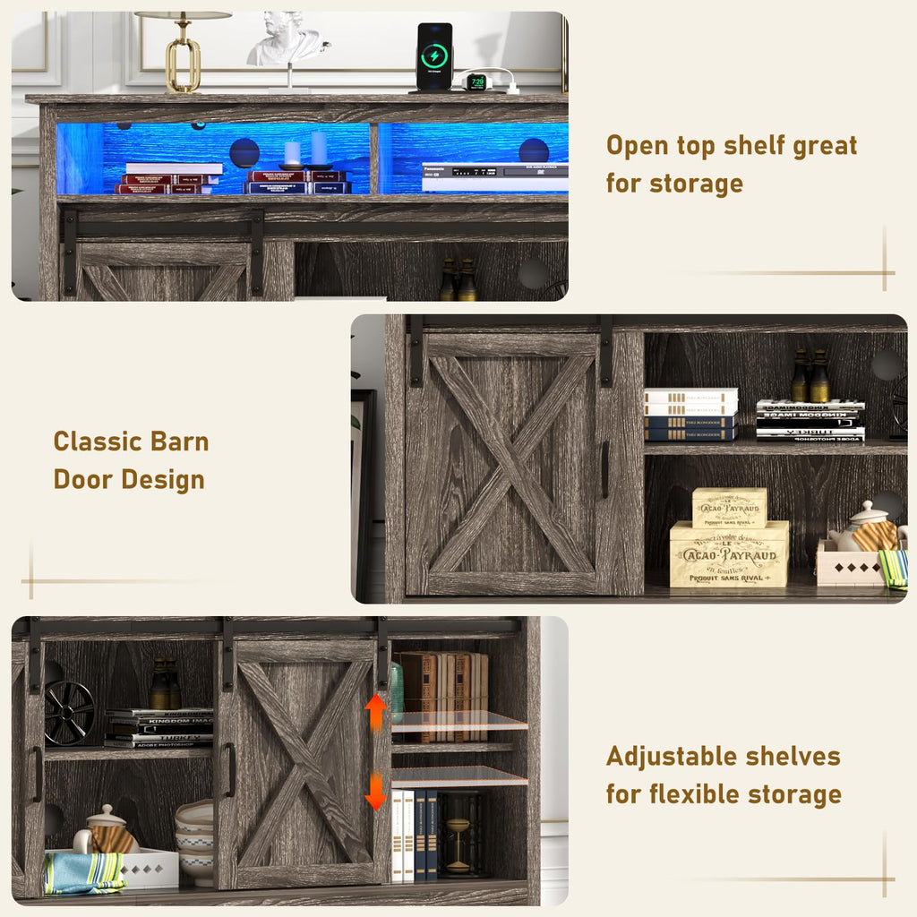 Farmhouse TV Stand for 90/85 inch TVs, Rustic Entertainment Center TV Cabinet Stands with Power Outlets, Grey