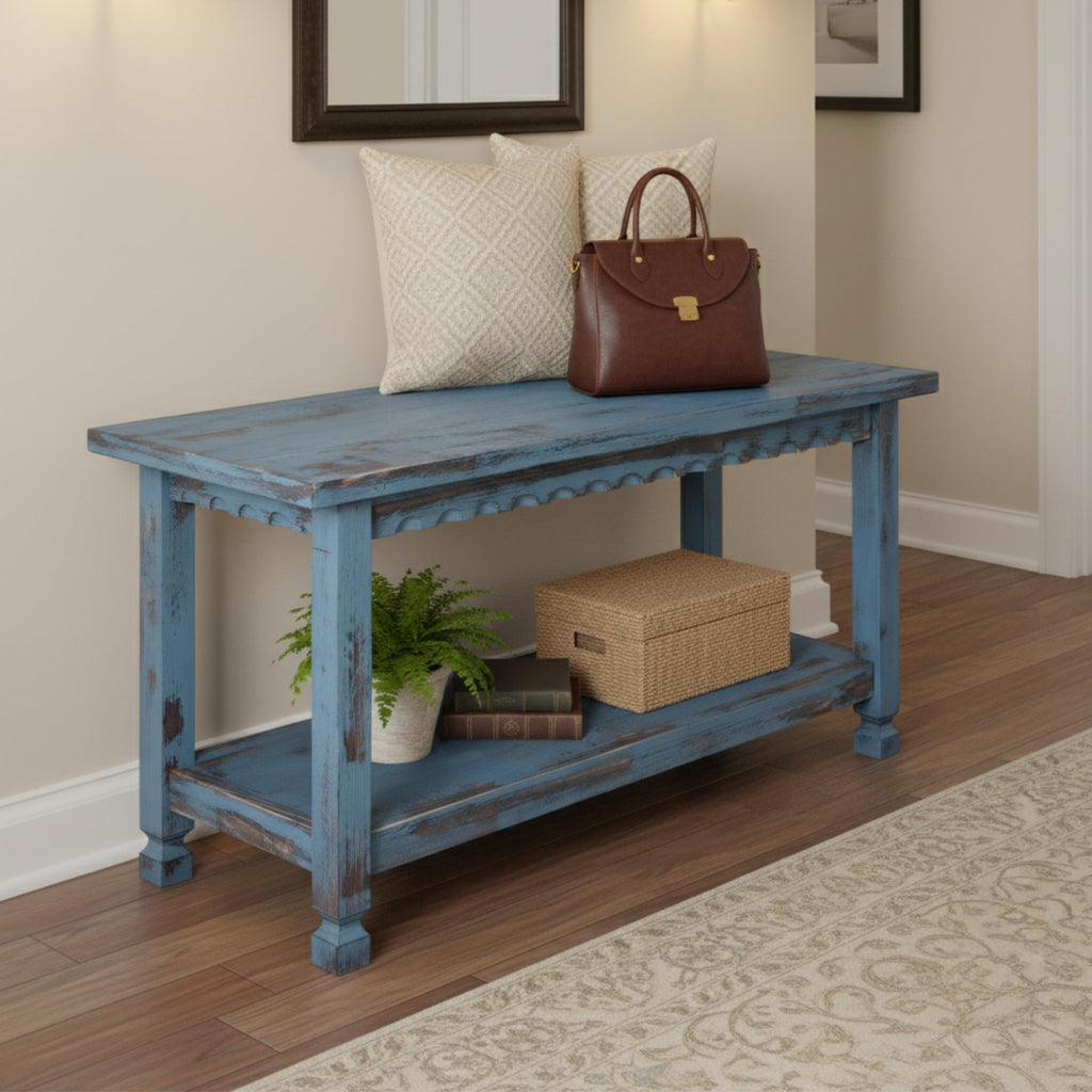 Country Cottage Entryway Bench with Shoe Storage, Blue Antique