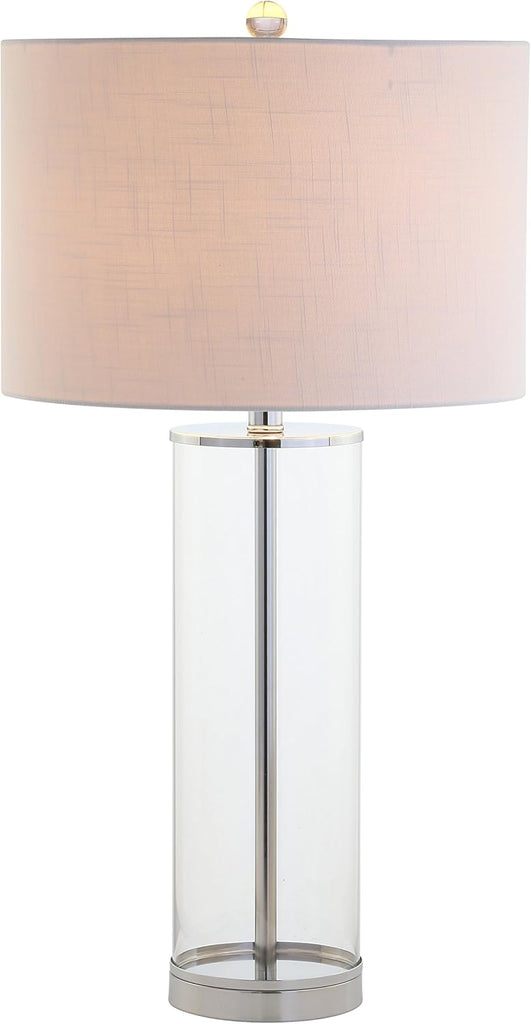 29" Clear/Chrome Modern Glass Table Lamp Bedroom, Minimalist Nightstand Bedside Lamp, White Linen Dr