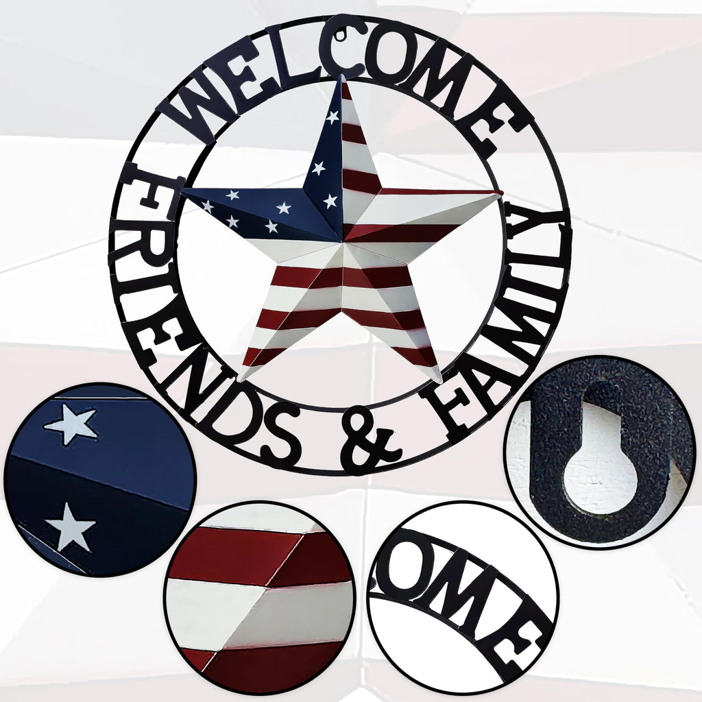 22" Patriotic Metal Barn Star Welcome Sign Wall Sculptures, American Flag Design Outside Wall Decor, Metal Star for