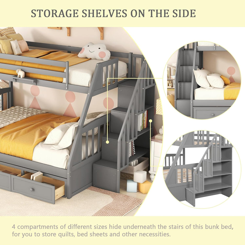 Wooden Twin Over Full Stairway Bunk Bed with Three Storage Drawer, Storage Staircase
