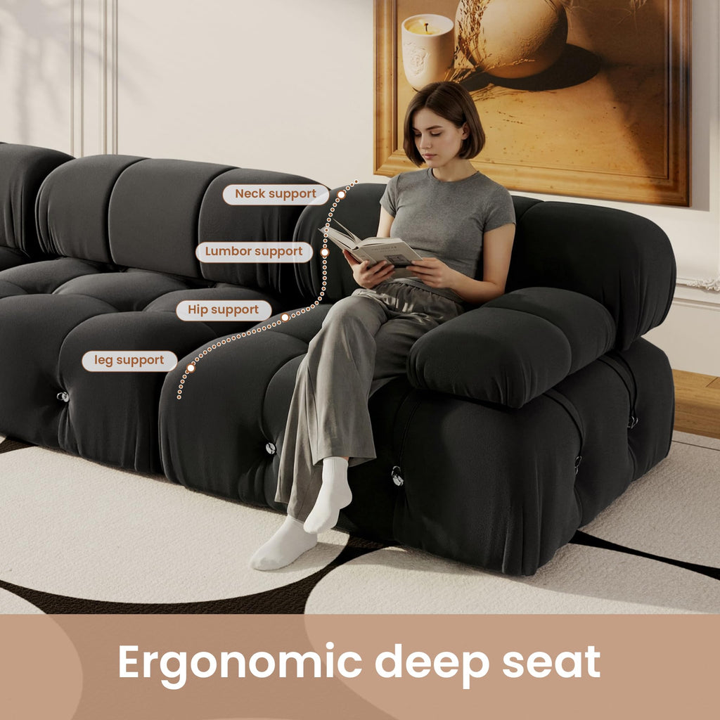 104'' Modular Sectional Sofa, Modern Luxury Velvet Bubble Couch, Deep Seat Cloud Sectional Black Couches (3 Seats