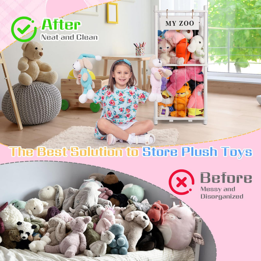 Stuffed Animal Storage Zoo, Wooden Stuffed Animal Organizer with Elastic Cords for Boys Girls, Space Saving Toy