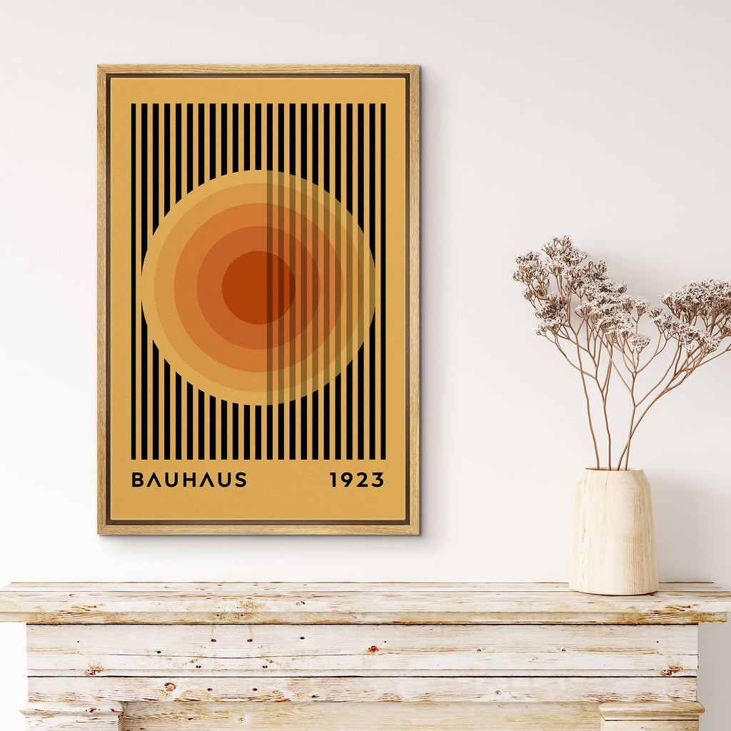 Framed Canvas Print Wall Art Mid-Century Bauhaus Multicolor Orange Circle Shapes Abstract Illustrations Modern Art