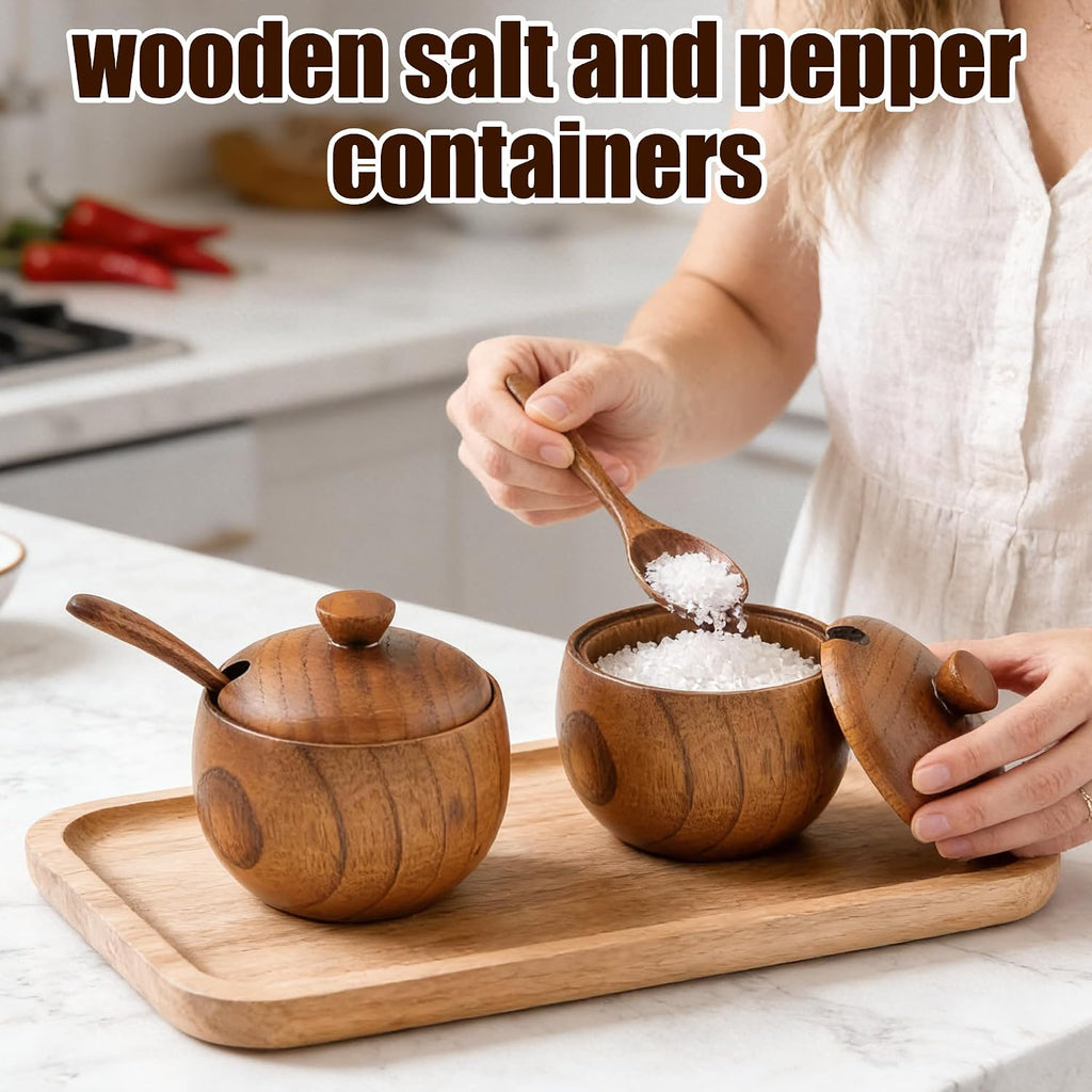 Wooden Salt Cellar with Lid and Spoon 5.7 oz Kitchen Wooden Salt Box for Sea Salt,Spices and Herbs() - Set of 2