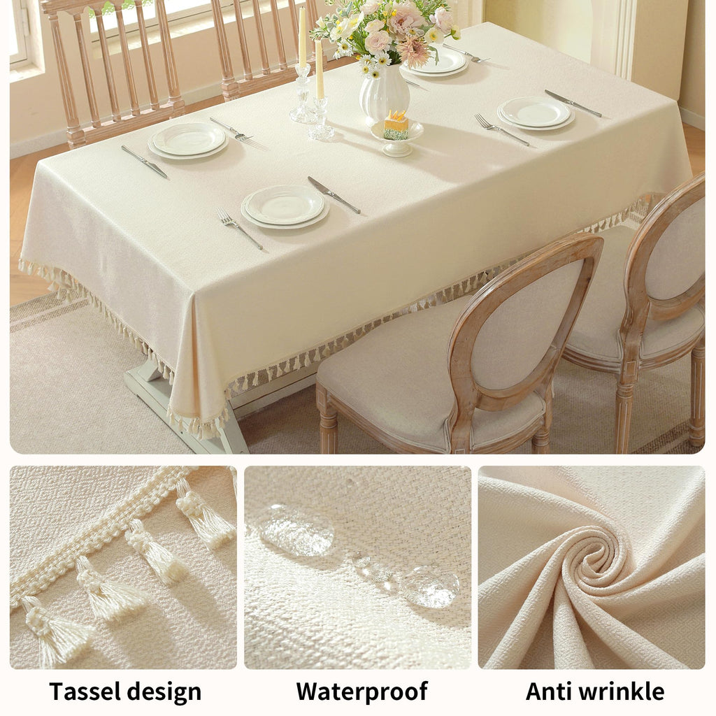 White Linen Tablecloth Spillproof Tassel Table Cover 55x70 Rectangle