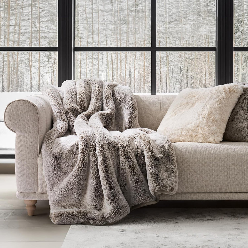 Faux Chinchilla Fur Throw Blanket, 50"x60", Champagne Fawn | Luxury, Super Soft, 1220GSM, Fluffy Cozy Mink